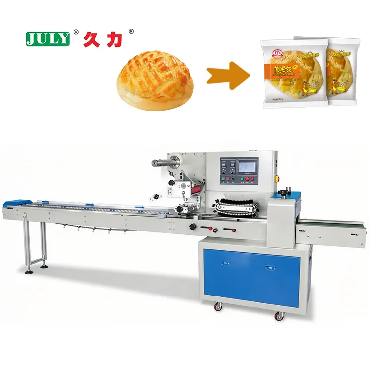 Automatic High Speed Bread Horizontal Pillow Flow Packaging Machine with Conveyor Belt for Baguette Croissant and Pastry
